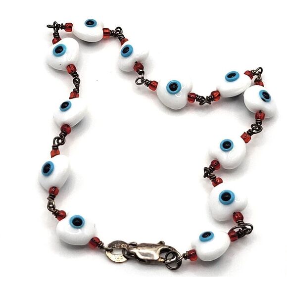 Sterling Silver Evil Eye Bracelet 8in - Picture 1 of 3